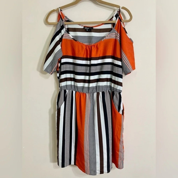 TAKARA Women's Cold Shoulder Multi-Colored Striped Midi Dress Pockets Size Large - Picture 1 of 12